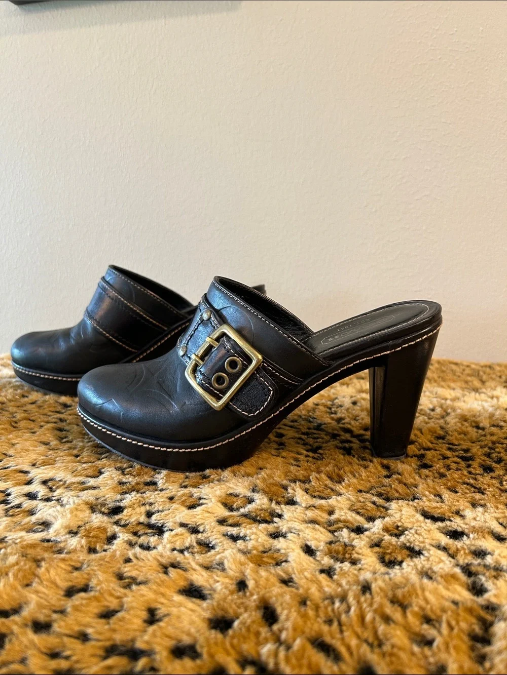 Coach Black Leather Buckle Clog Heels